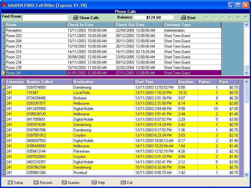 InfoDEN PABX Call Biller - call accounting / call tracking software for hotels and motels.